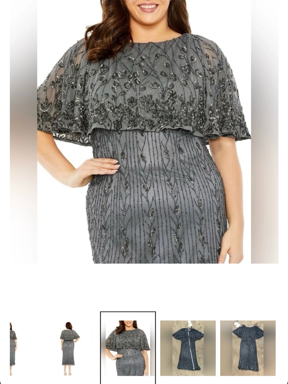 Mac Duggal Beaded Gray Midi Dress with Capelet